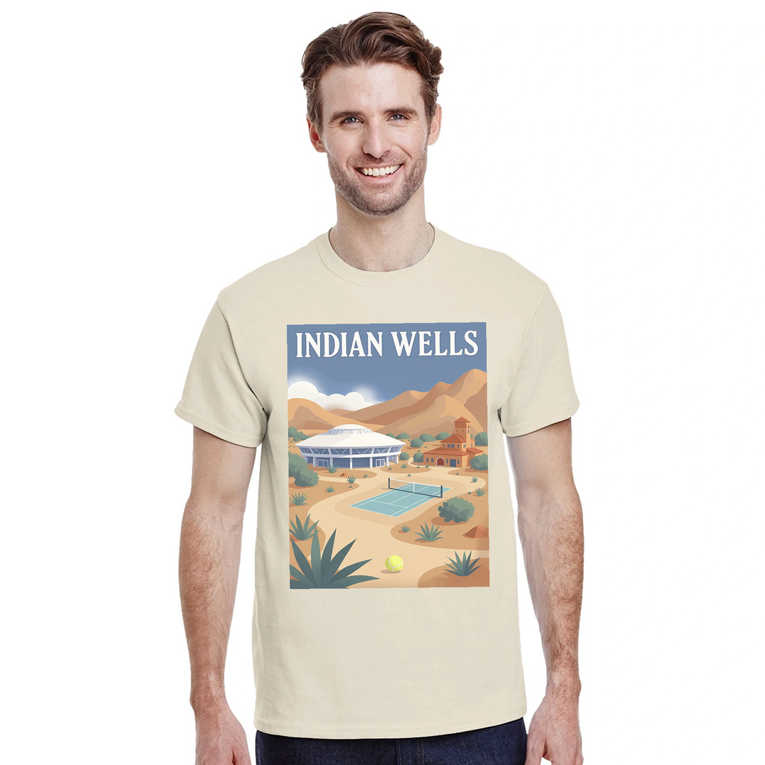 インディアンウェルズのテニスを祝うTシャツ。アメリカのテニスイベントのファンに最適なスタイリッシュなデザイン。柔らかく通気性のあるコットン素材で快適さを提供します。