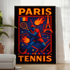 パリのヴィンテージカートゥーンテニスポスター。鮮やかな赤と青のデザインで、どんな空間にも魅力をプラスします。サイズは50x70または30x40。額縁付きと額縁なしのオプションから選べます。