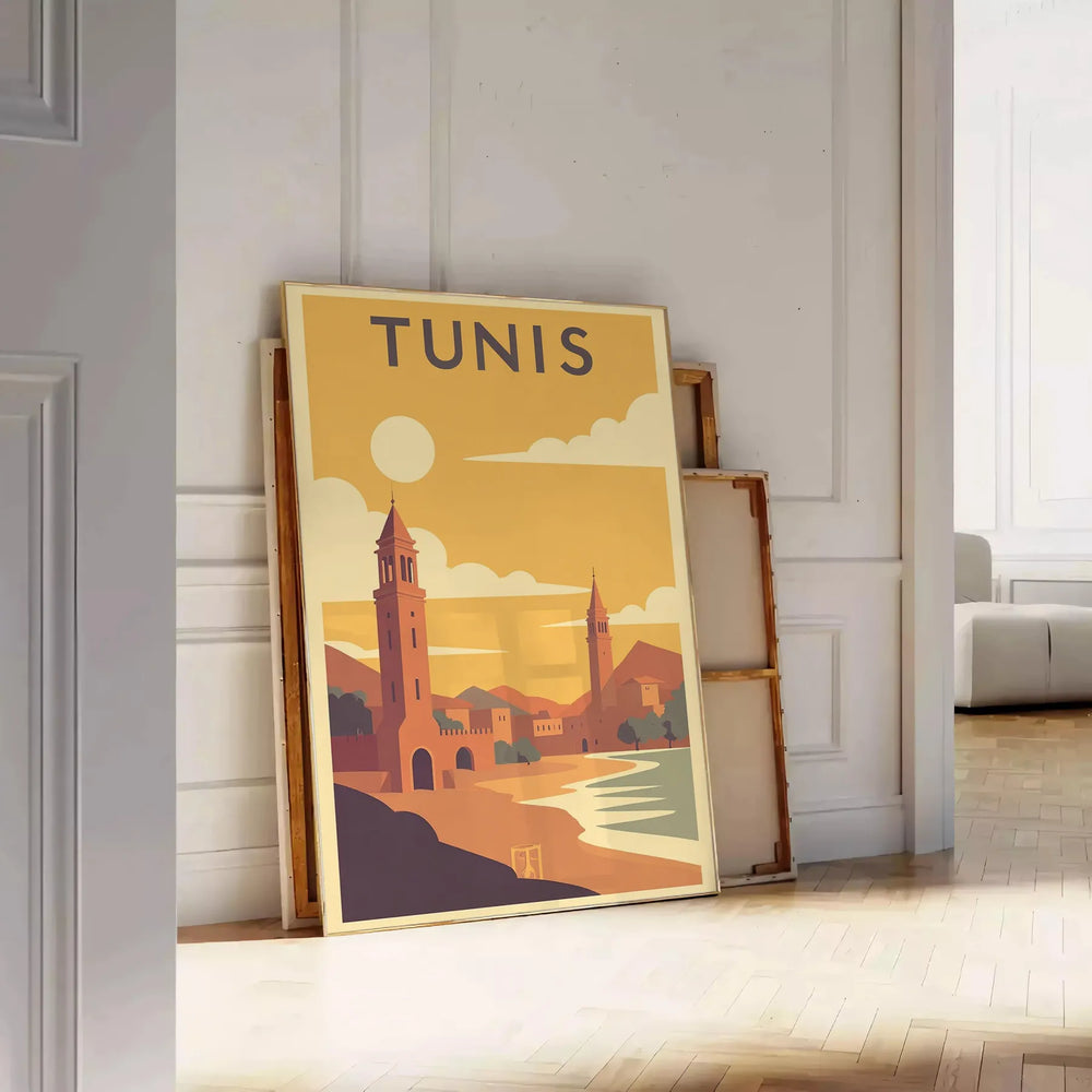 space stunning Tunis Tunisia vintage travel poster vibrant shades yellow orange Art Deco style lovers enthusiasts captivating piece charm today A4 cm A0