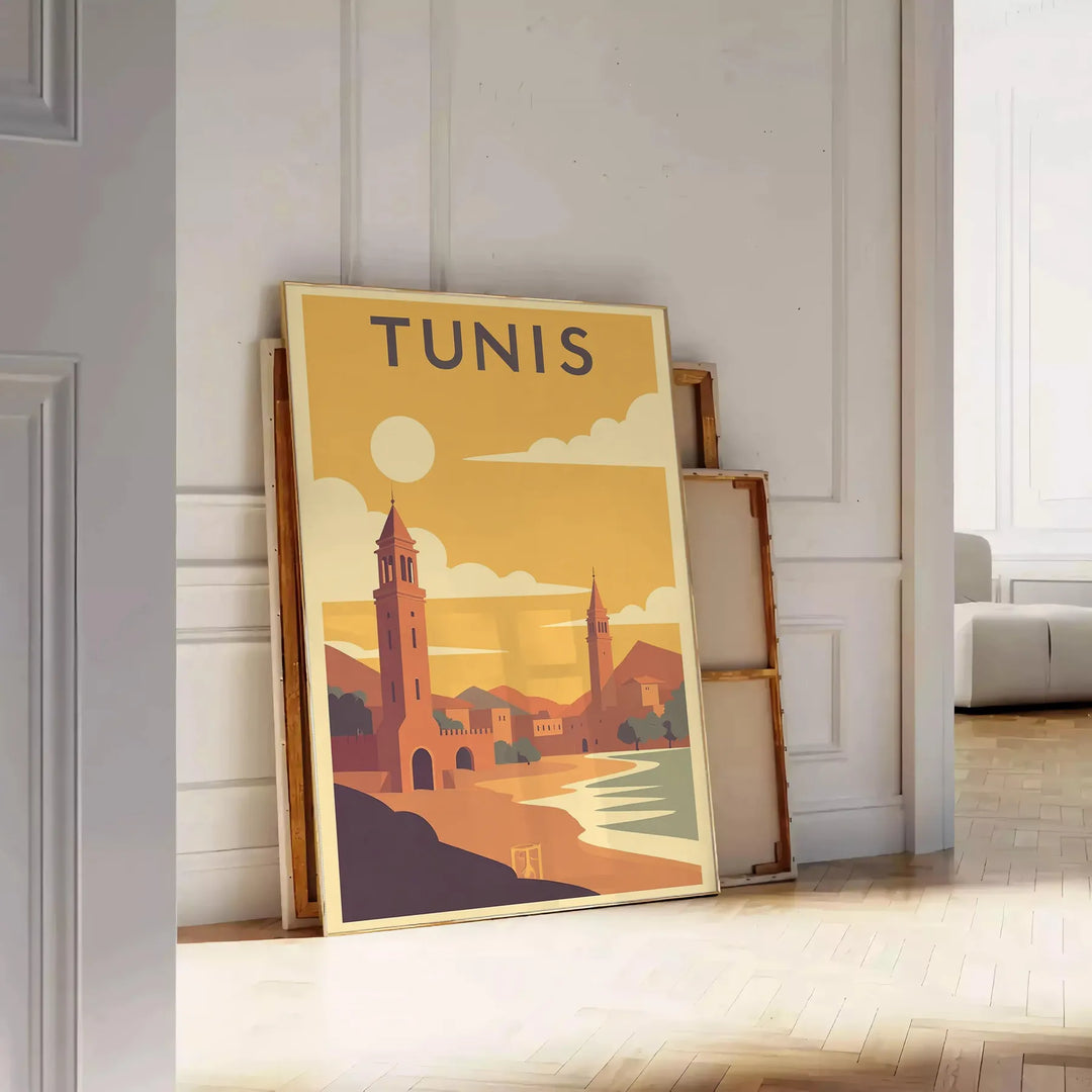 Vintage ταξιδιωτική αφίσα Τύνιδα, Τυνησία σε στυλ Art Deco με ζωντανά κίτρινα και πορτοκαλί χρώματα, ιδανική για λάτρεις των