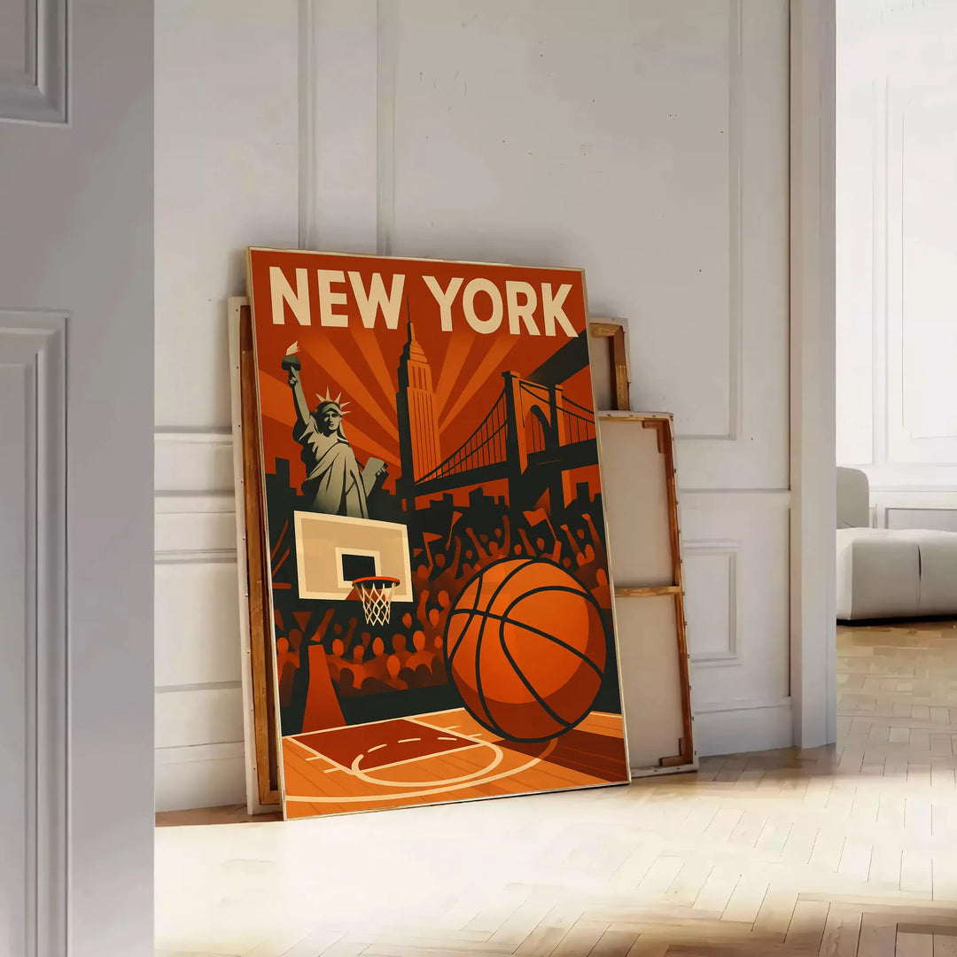 ニューヨークNBAポスター。黒と赤のデザインで、バスケットボールファンにぴったりの壁アート。サイズはA4からA0まで選べます。