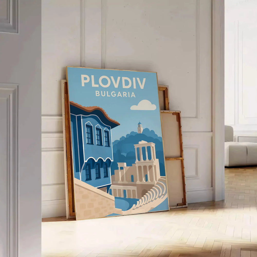 Blue and gray Plovdiv cityscape poster in minimalist vintage art style