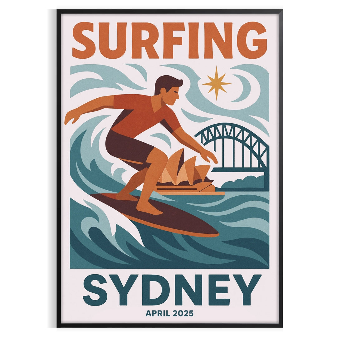 space captivating Sydney Surf poster vibrant shades blue white essence ocean dimensions perfect addition enthusiast collection stunning visual experience artwork available