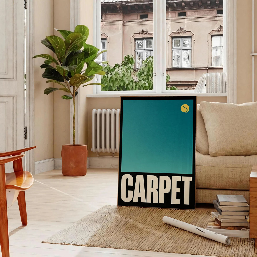 Póster vibrante Carpet Tennis 5, com tons verdes e laranjas, ideal para entusiastas do desporto. Disponível em várias dimensõ