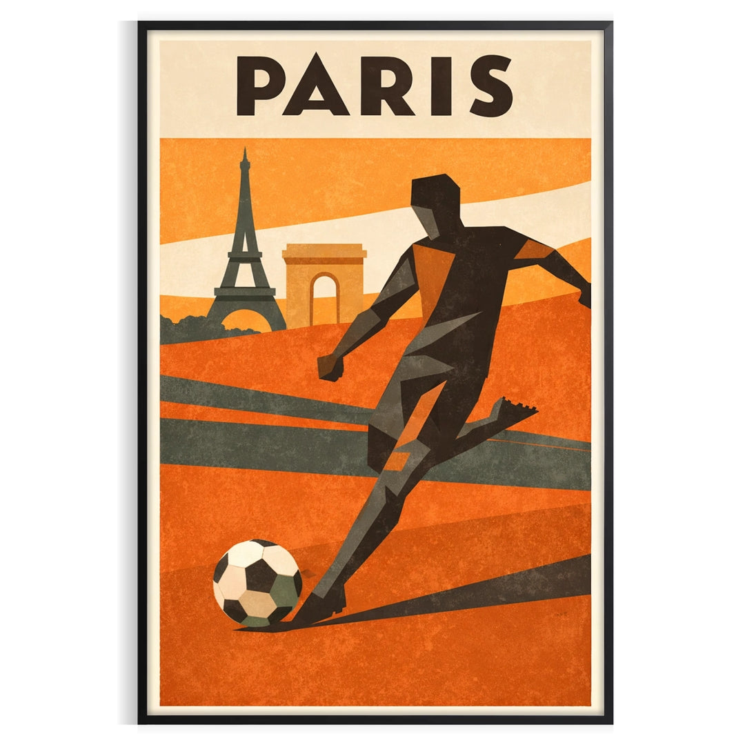 Parīzes futbola plakāts ar dzīvīgām zaļām un oranžām krāsām, ideāli piemērots sporta faniem. Pieejami izmēri: A4, 30x40 cm, 5