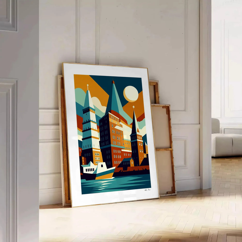 space stunning vintage Art Déco poster vibrant essence Hamburg Germany rich green red hues perfect piece collectors lovers décor sizes A4 cm A0