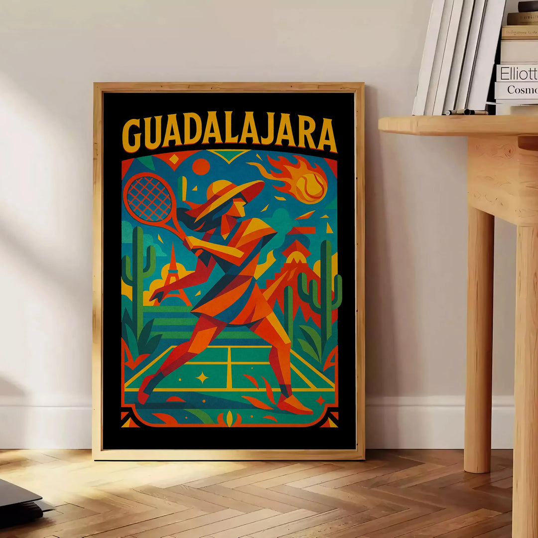 Plakat w stylu vintage przedstawiający tenis w Guadalajarze, w żywych niebieskich i czarnych kolorach, idealny dla miłośników