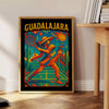 Plakat w stylu vintage przedstawiający tenis w Guadalajarze, w żywych niebieskich i czarnych kolorach, idealny dla miłośników