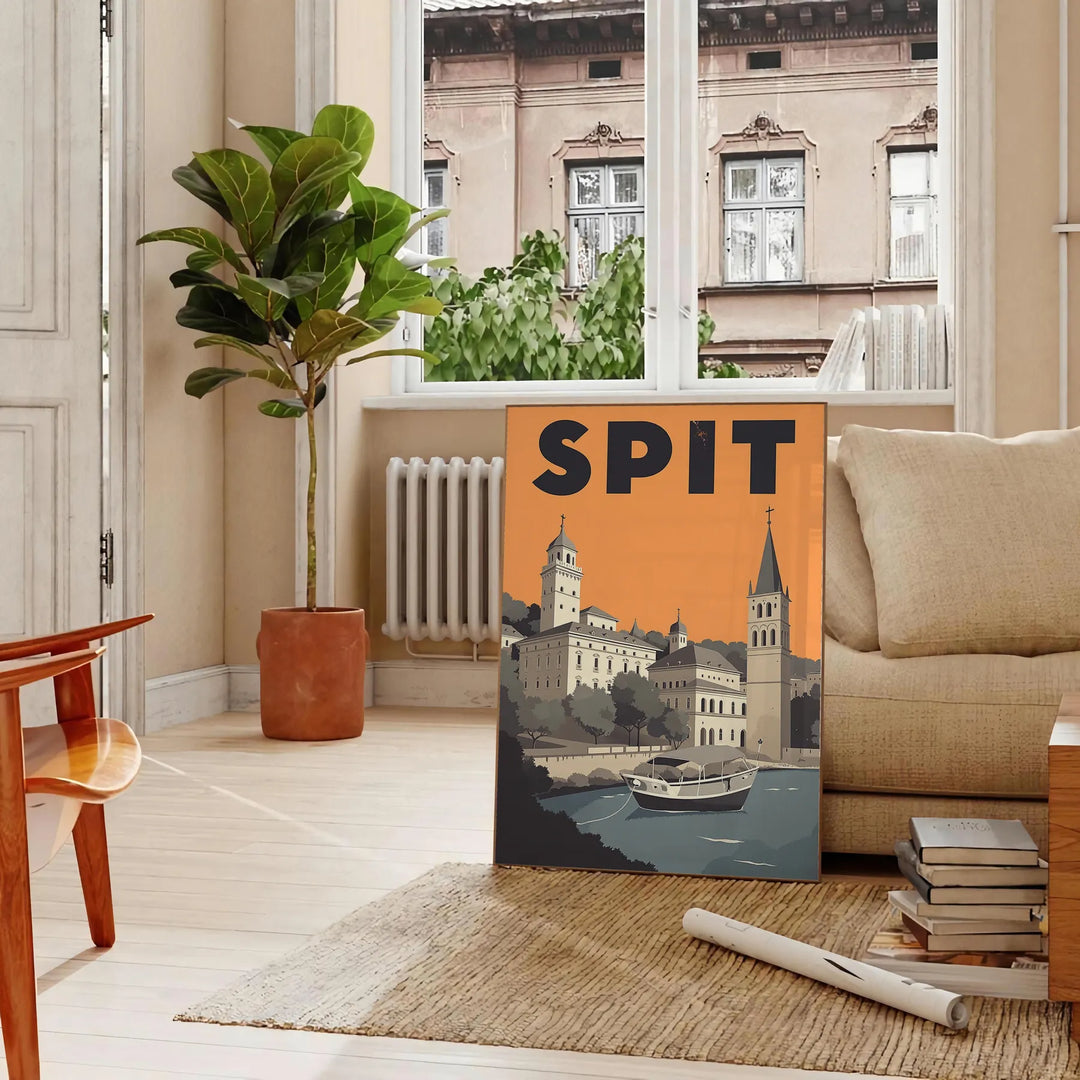 Poster Art Déco di Split, Croazia in toni caldi marrone e arancione