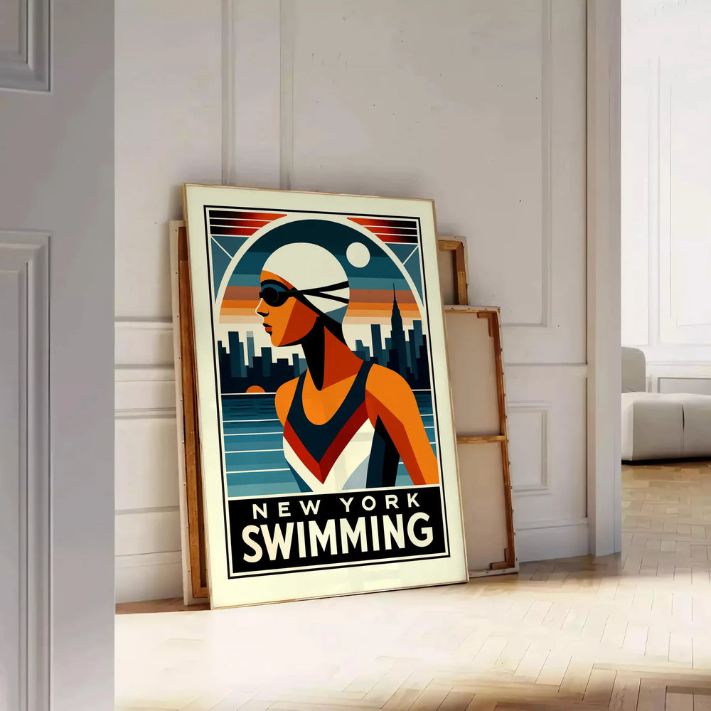 vibrant energy New York striking red black swimming poster aquatic enthusiast city lover eye artwork dimensions space available