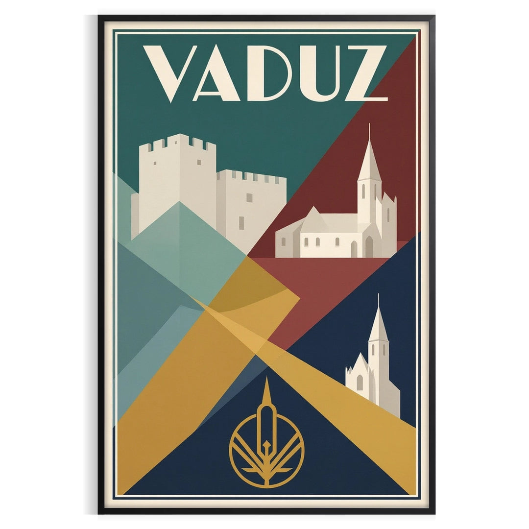 charm Vaduz Liechtenstein stunning vintage travel poster captivating Art Deco style elegant gray vibrant orange piece space unique today timeless appeal sizes A4 cm A0