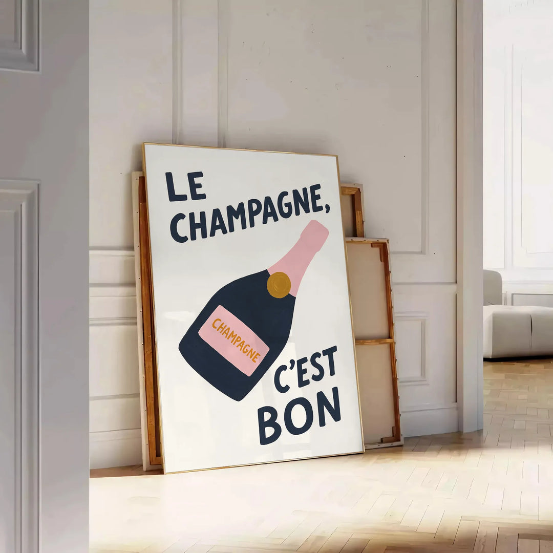 Póster de cocina 'Le Champagne C'est Bon' en tonos elegantes de verde y negro, disponible en tamaños 50x70 y 30x40, enmarcado
