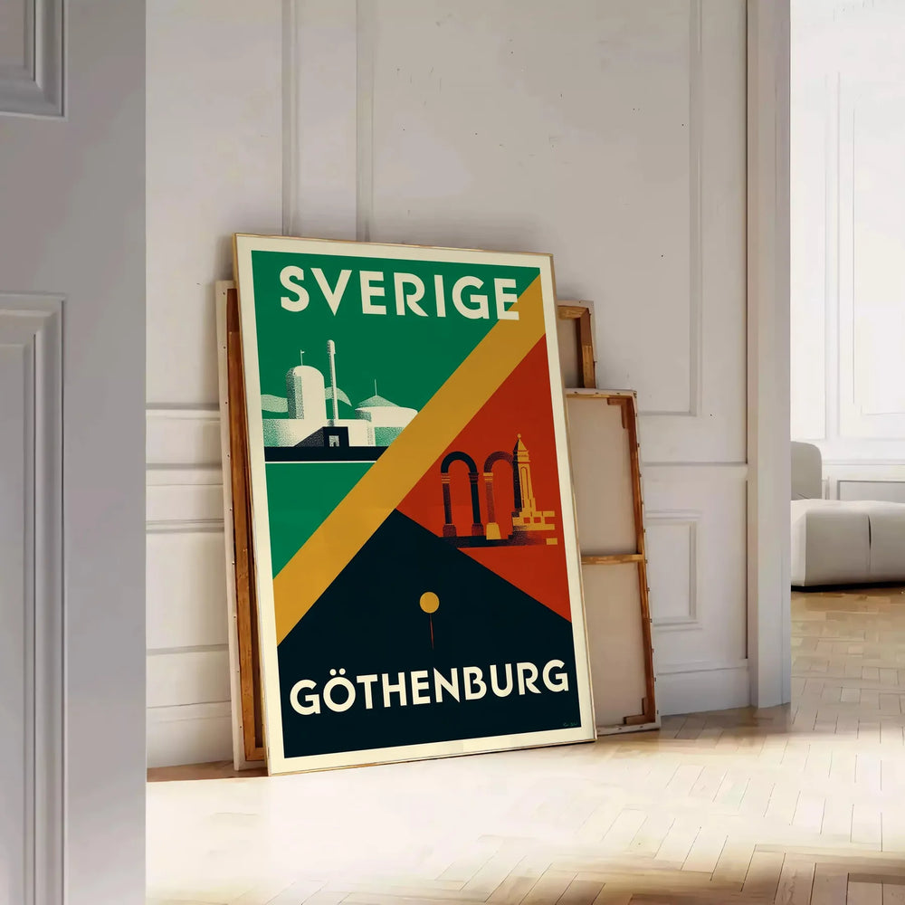 charm Gothenburg Sweden vintage travel poster stunning Art Deco design green gray tones captivating piece touch nostalgia space decor available