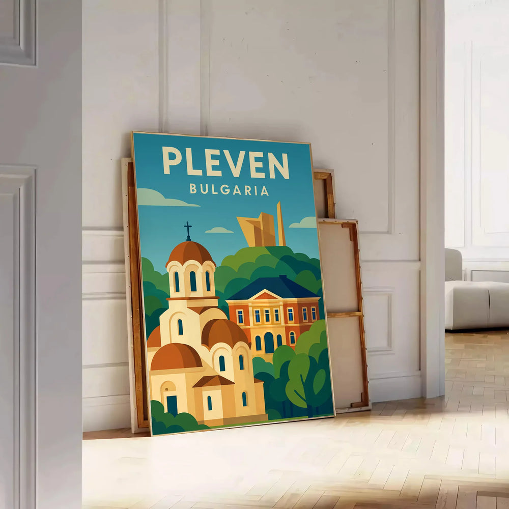 Stylized Pleven, Bulgaria travel poster in blue and yellow
