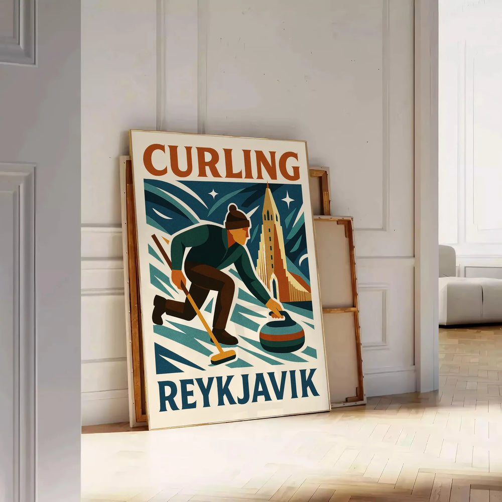 vibrant curling poster dynamic sport backdrop Reykjavik stunning landscapes orange green two sizes perfect sports enthusiasts decor lovers unframed version