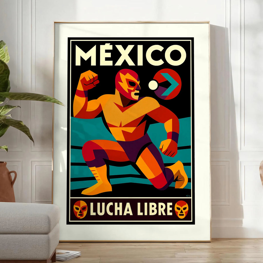 Affiche vibrante thème lucha libre mexicaine couleurs rouge orange saisissantes une touche dynamique espace œuvre incontournable passionnés sport culture A4 cm A0