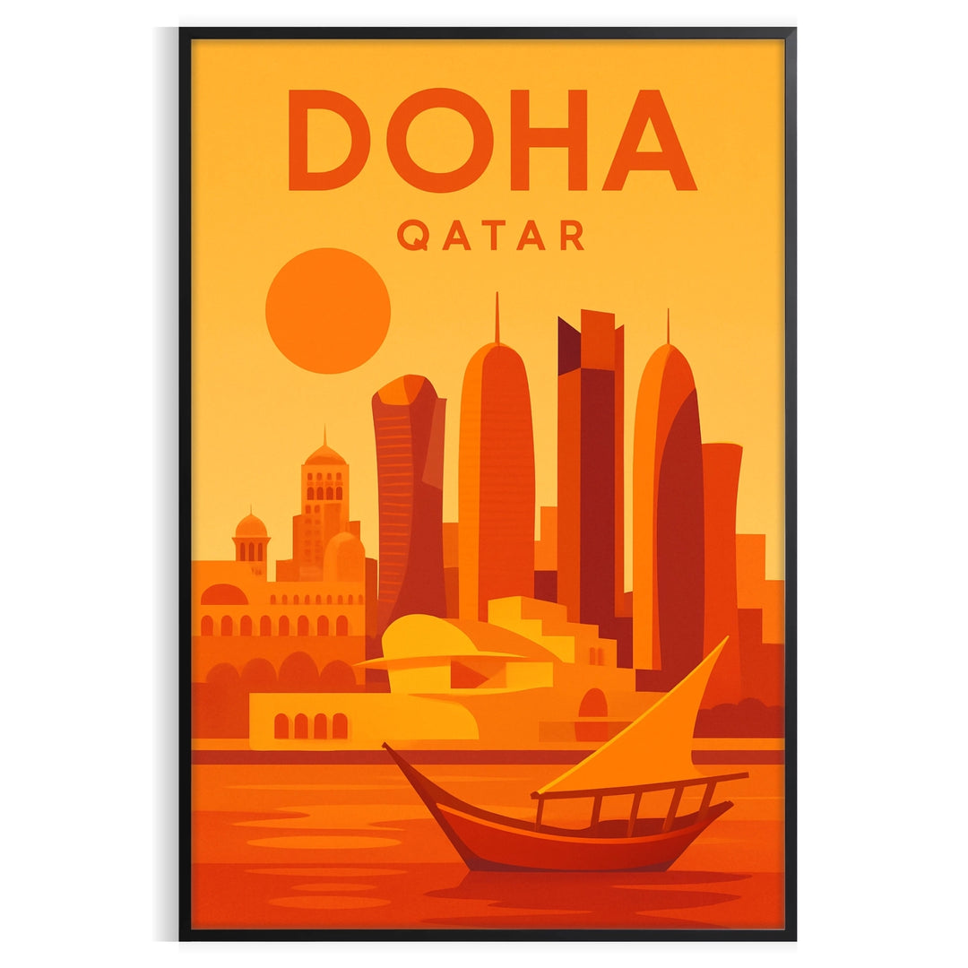 Abstract red and orange Doha skyline poster with energetic splash style