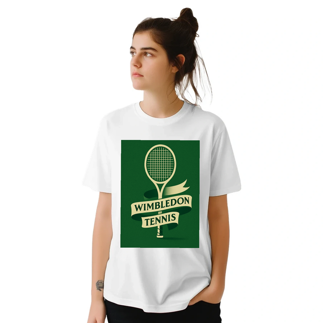 ウィンブルドンを祝うテニステーマのTシャツ。快適で耐久性に優れたデザインで、スポーツ愛好者必見のアイテム。サイズ展開: S, M, L, XL, XXL。