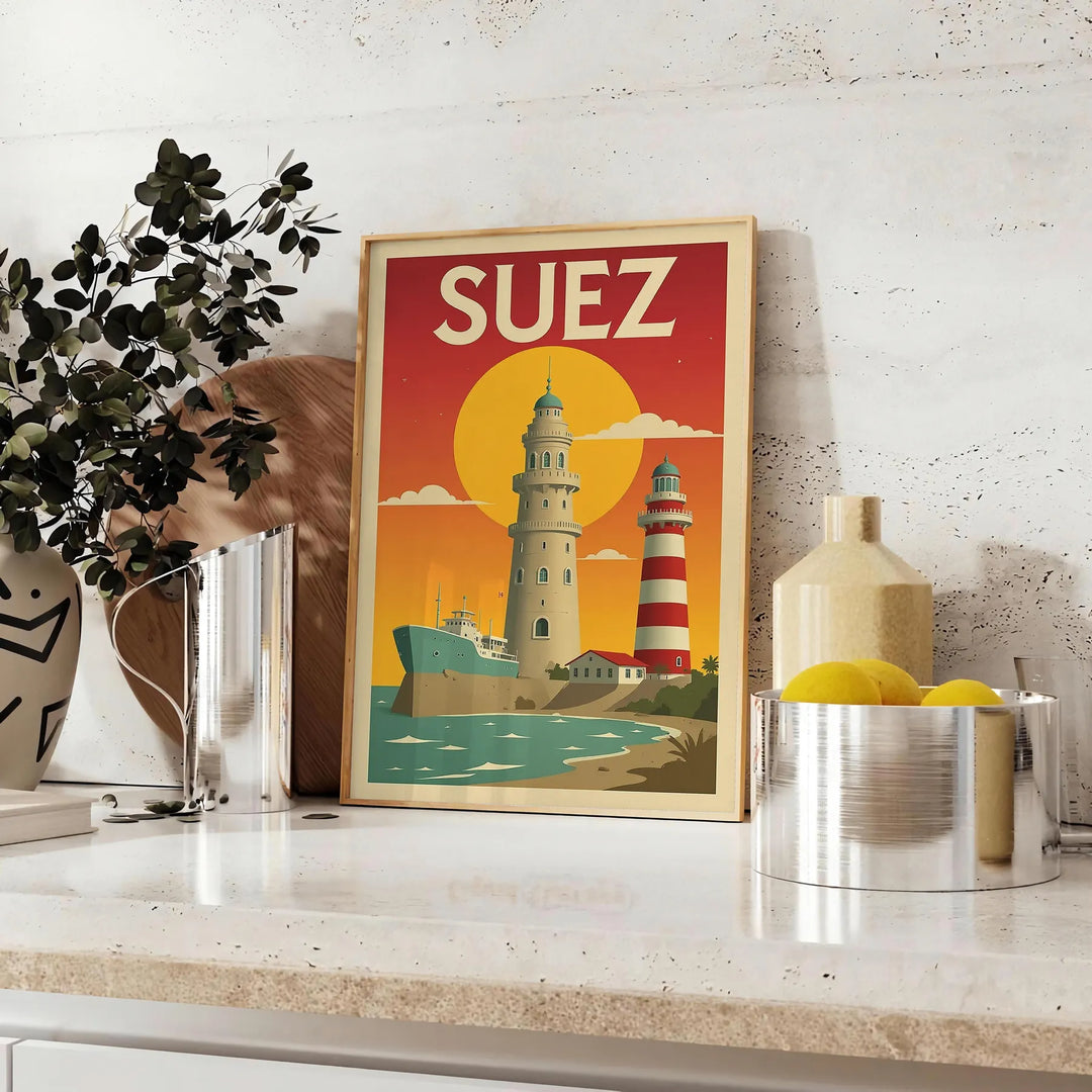 Manifesto Suez Egitto Art Déco vintage in grigio e arancione