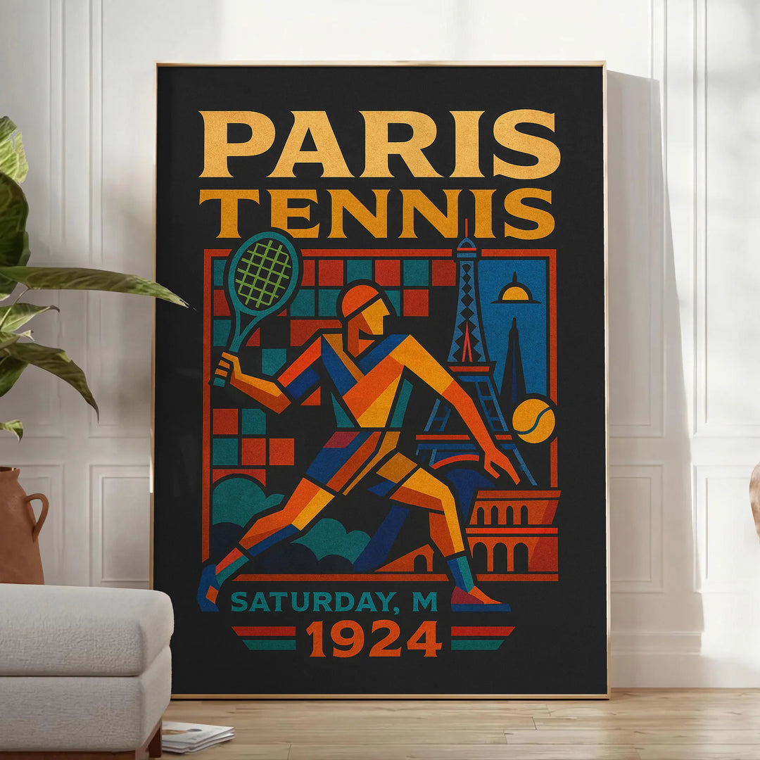 1924年のパリのヴィンテージカートゥーンテニスポスター。エレガントなグレーとブルーのトーンで、テニスファンやヴィンテージアート愛好者に最適です。