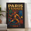 1924年のパリのヴィンテージカートゥーンテニスポスター。エレガントなグレーとブルーのトーンで、テニスファンやヴィンテージアート愛好者に最適です。