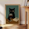 perfect blend charm sophistication Cat Reading News Wine poster playful feline lush green tones whimsical design space A4 cm A0 sizes