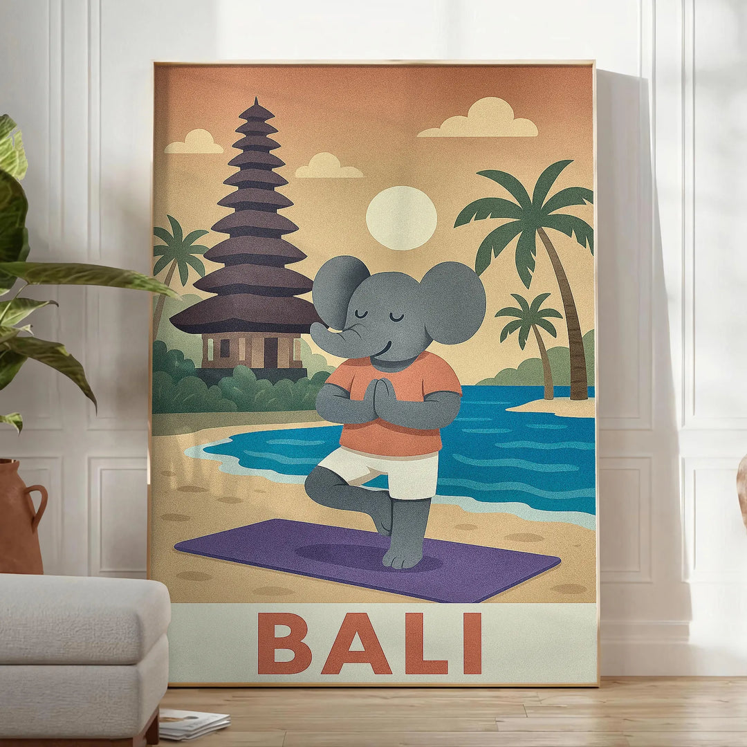 Πόστερ με ελέφαντα που κάνει γιόγκα, σχεδιασμένο σε ήρεμες μπλε και γκρι αποχρώσεις, ιδανικό για παιδικά δωμάτια ή χώρους γιό