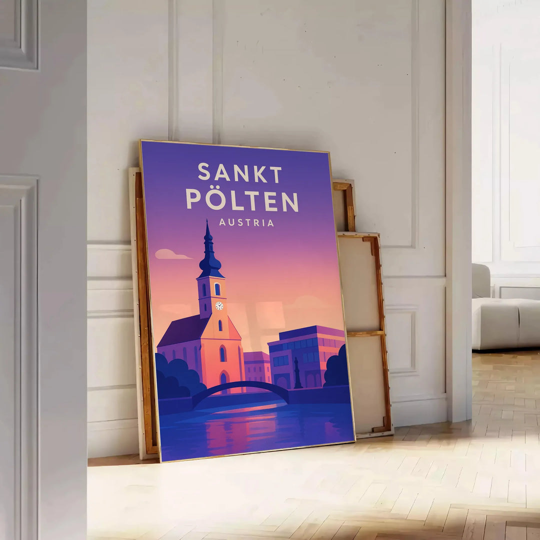 Sankt Pölten Plakat, minimalistisches Stadtbild in Grau und Lila