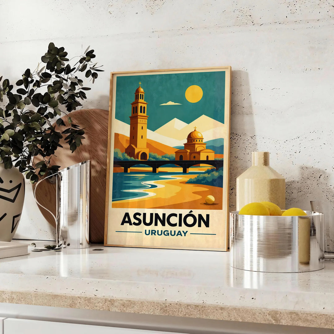 Vintage Art Déco poster of Asunción, Paraguay cityscape in orange and green