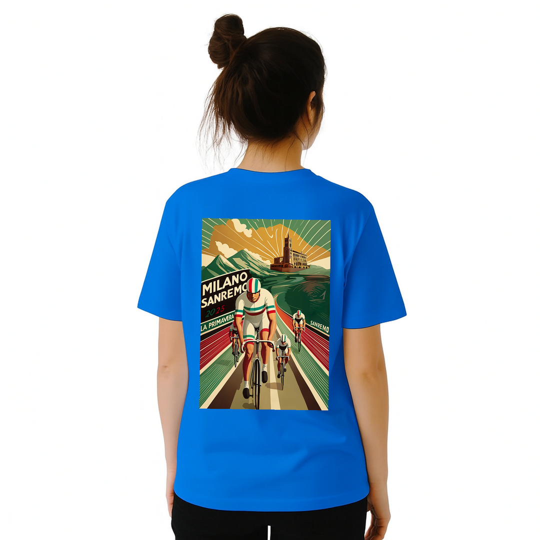 Koszulka Milano Sanremo z unikalnym wzorem, idealna dla miłośników kolarstwa. Dostępna w rozmiarach S, M, L, XL