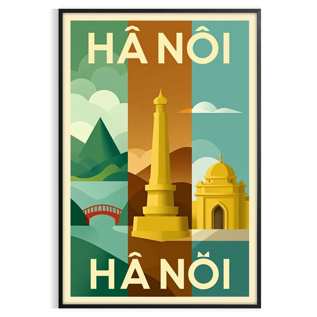charm Hanoi Vietnam stunning vintage travel poster Art Deco elements vibrant blue green hues decor essence nostalgia today space