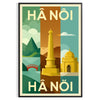 Vintage reseplakat från Hanoi, Vietnam med Art Deco-element i livfulla blå och gröna nyanser. Perfekt för inredning och nosta