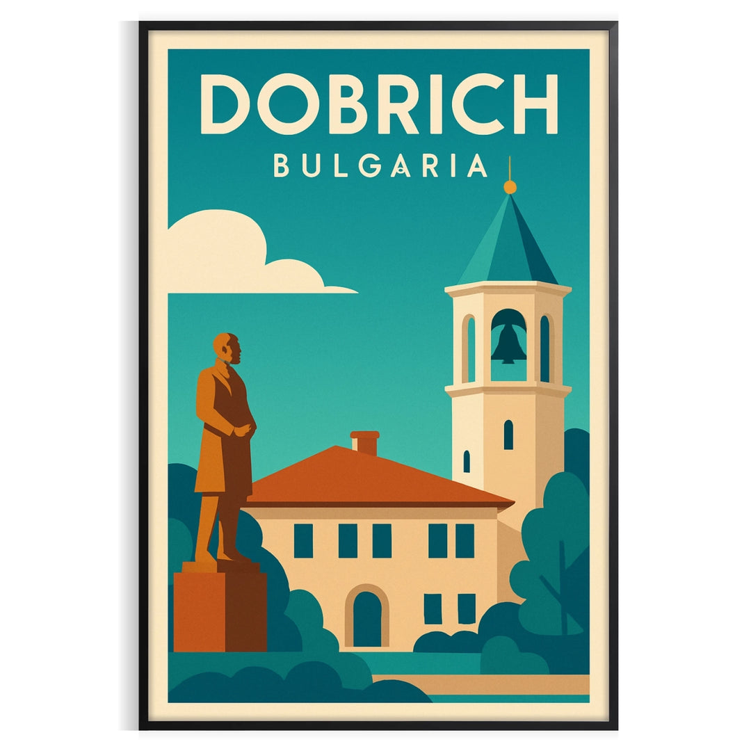 Blue and green stylized Dobrich, Bulgaria travel poster in minimalist design