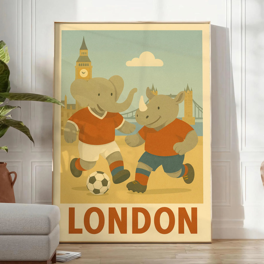 space charming kid elephant rhinoceros football poster playful designs gray green nurseries playrooms art touch London spirit today dimensions cm A4 A0
