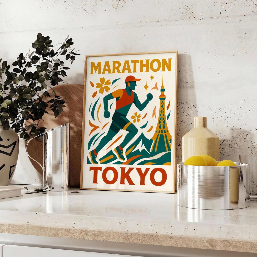 Pôster de corrida de maratona de Tóquio, com design elegante em tons de cinza e azul, ideal para entusiastas da corrida. Disp