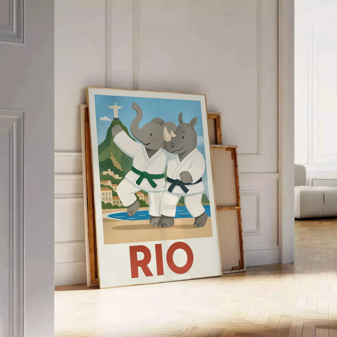 Ανακαλύψτε τον παιχνιδιάρικο κόσμο του Ρίο ντε Τζανέιρο με την αφίσα ελεφάντα και ρινόκερου τζούντο για παιδιά! Ιδανική για κ