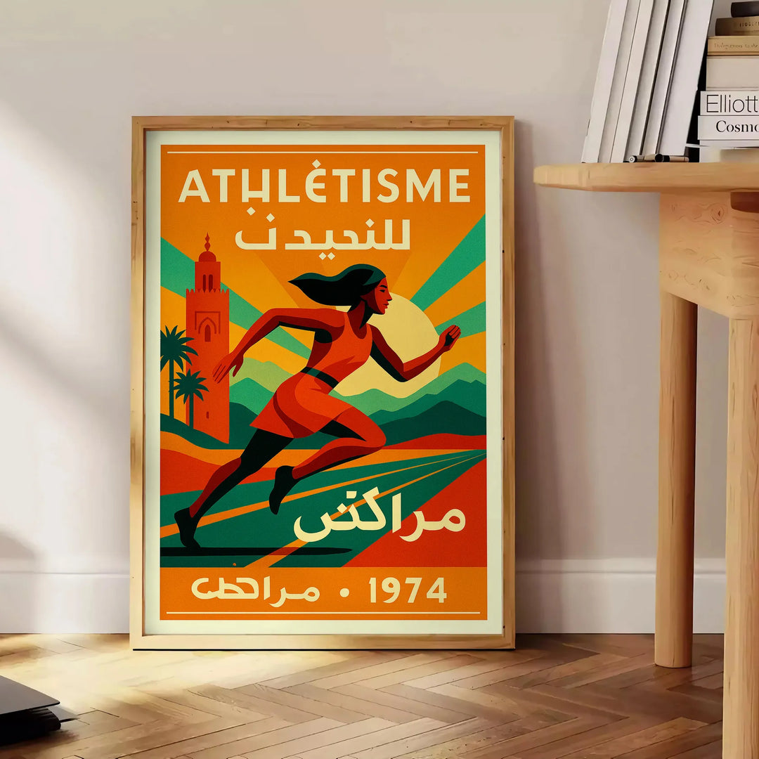 1974. gada Marakešas sporta plakāts ar dzīvīgām zaļām un sarkanām krāsām, kas iemūžina sacensību garu. Pieejams dažādos izmēr