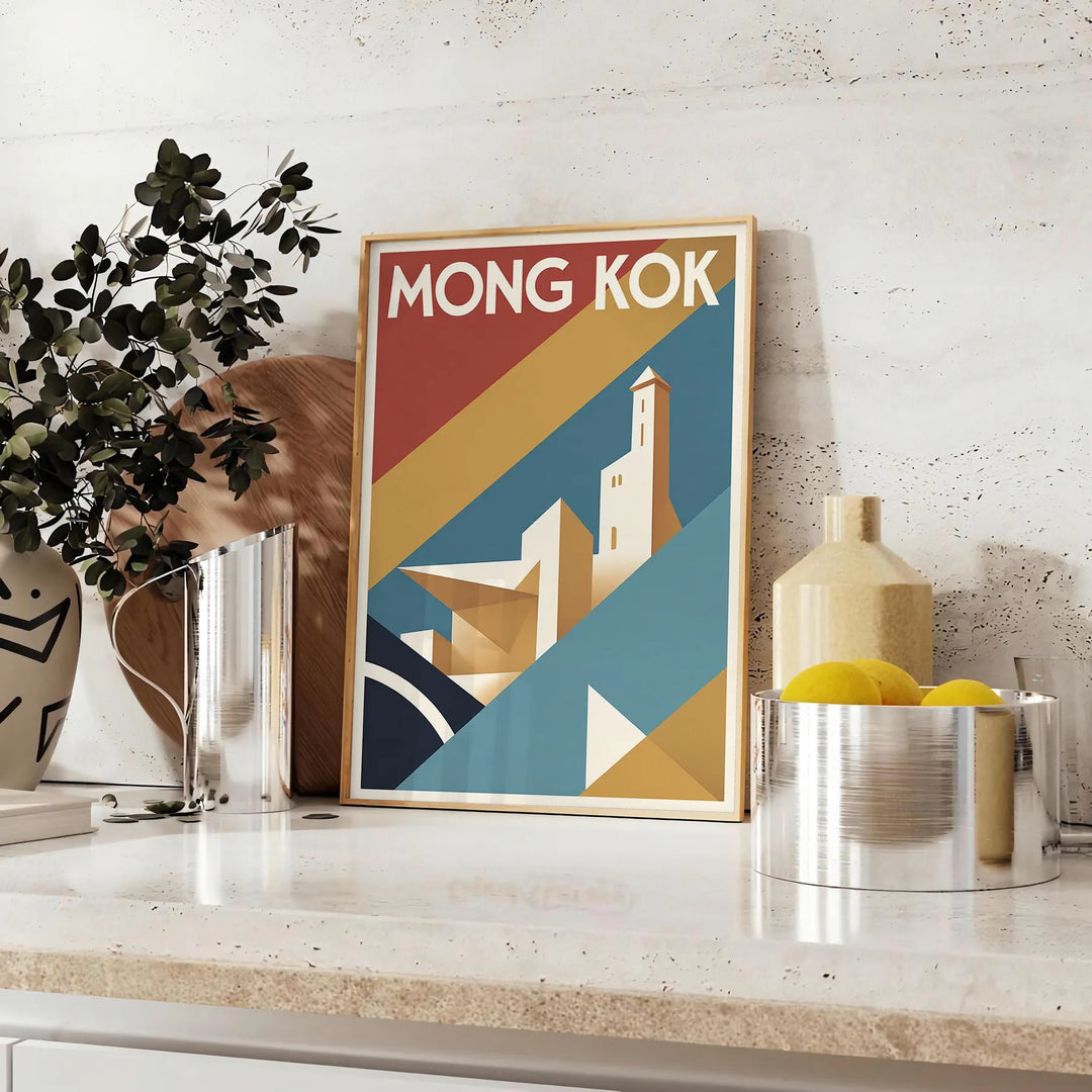 Poster vintage di viaggio Mong Kok, Hong Kong, in stile Art Deco, con colori vivaci e una rappresentazione affascinante della