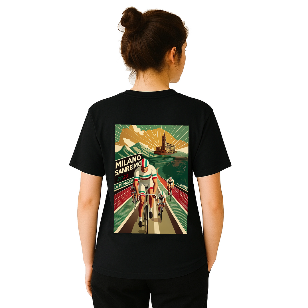 Koszulka Milano Sanremo z unikalnym wzorem, idealna dla miłośników kolarstwa. Dostępna w rozmiarach S, M, L, XL