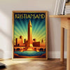 Plakat w stylu Art Déco przedstawiający malowniczy widok Kristiansand w Norwegii, dostępny w rozmiarach 50x70 lub 30x40