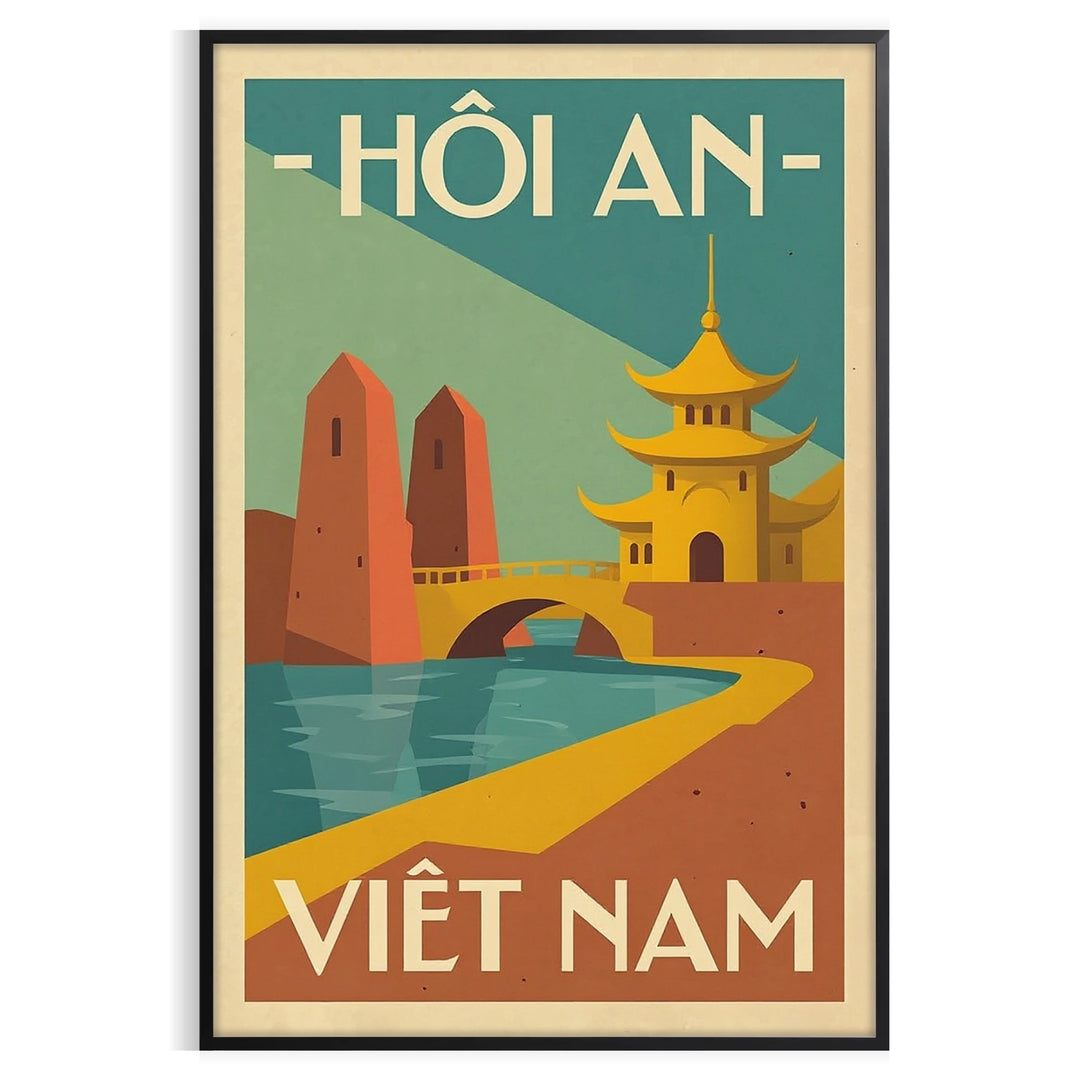 charm Hoi An Vietnam stunning vintage travel art deco poster vibrant orange green hues artwork available dimensions touch wanderlust space Buy today