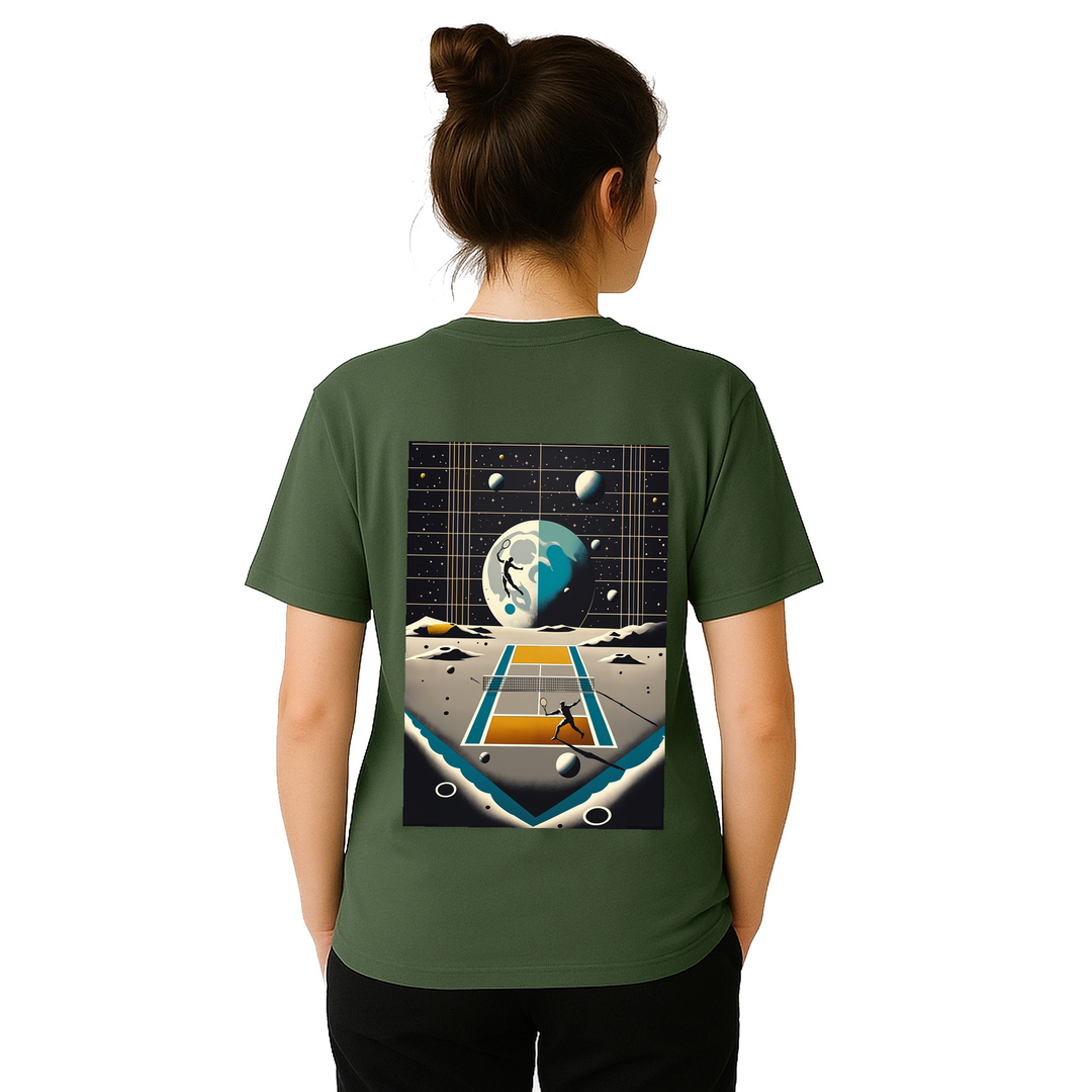 T-shirt Tennis Moon, design unico per appassionati di tennis e amanti delle stelle, realizzato in 100% cotone per il massimo