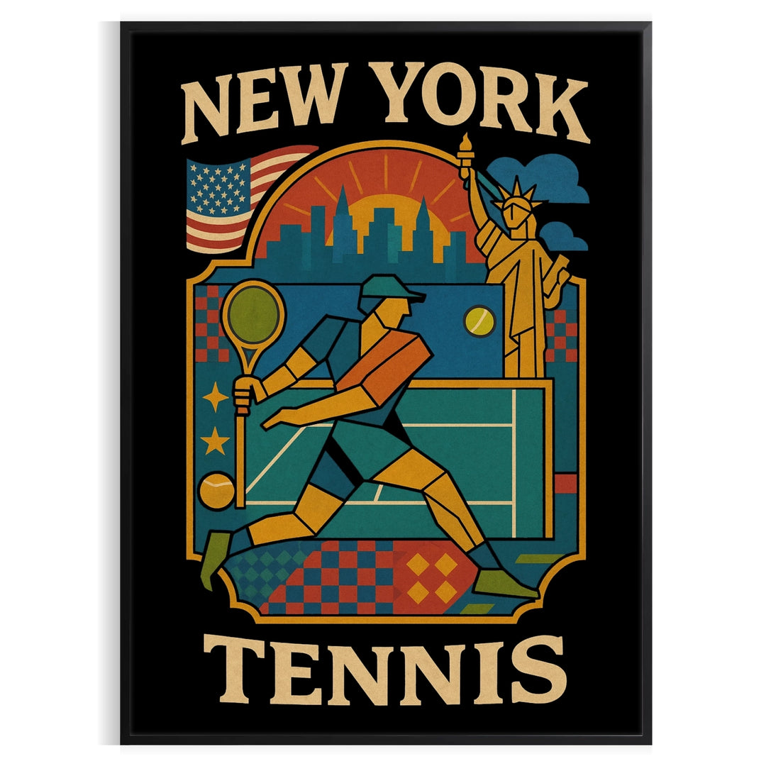 space New York Vintage Cartoon Tennis poster timeless design stylish gray blue hues perfect enthusiasts art lovers eye piece dimensions cm touch nostalgia home A4 A0