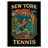 ニューヨークのビンテージカートゥーンテニスポスター。スタイリッシュなグレーとブルーの色合いで、テニス愛好家やアートファンにぴったり。50x70または30x40 cmのサイズで、懐かしさを加えるアイキャッチな作品です。