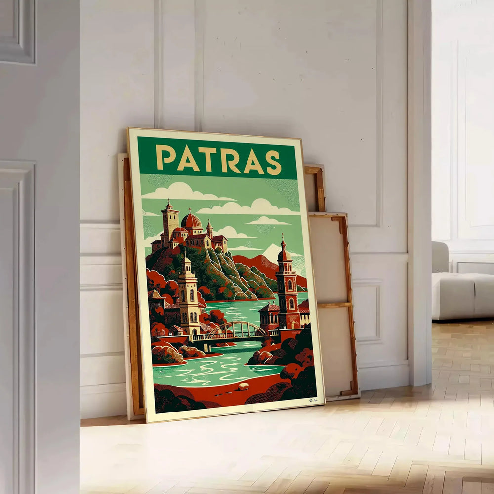 space stunning Patras Greece Art Déco vintage poster rich brown green hues timeless elegance decor style eye artwork room dimensions A4 cm A0