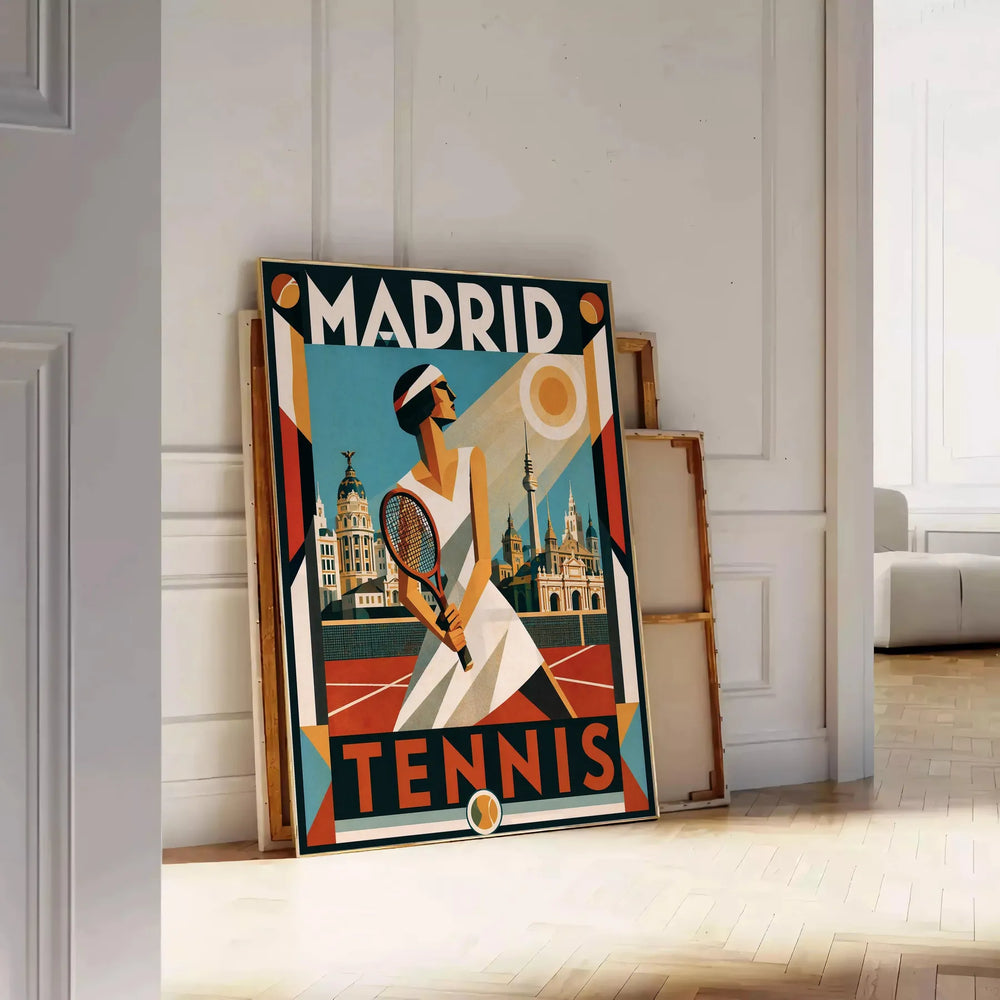 Stylized illustration of tennis players in Madrid, featuring black and green colors