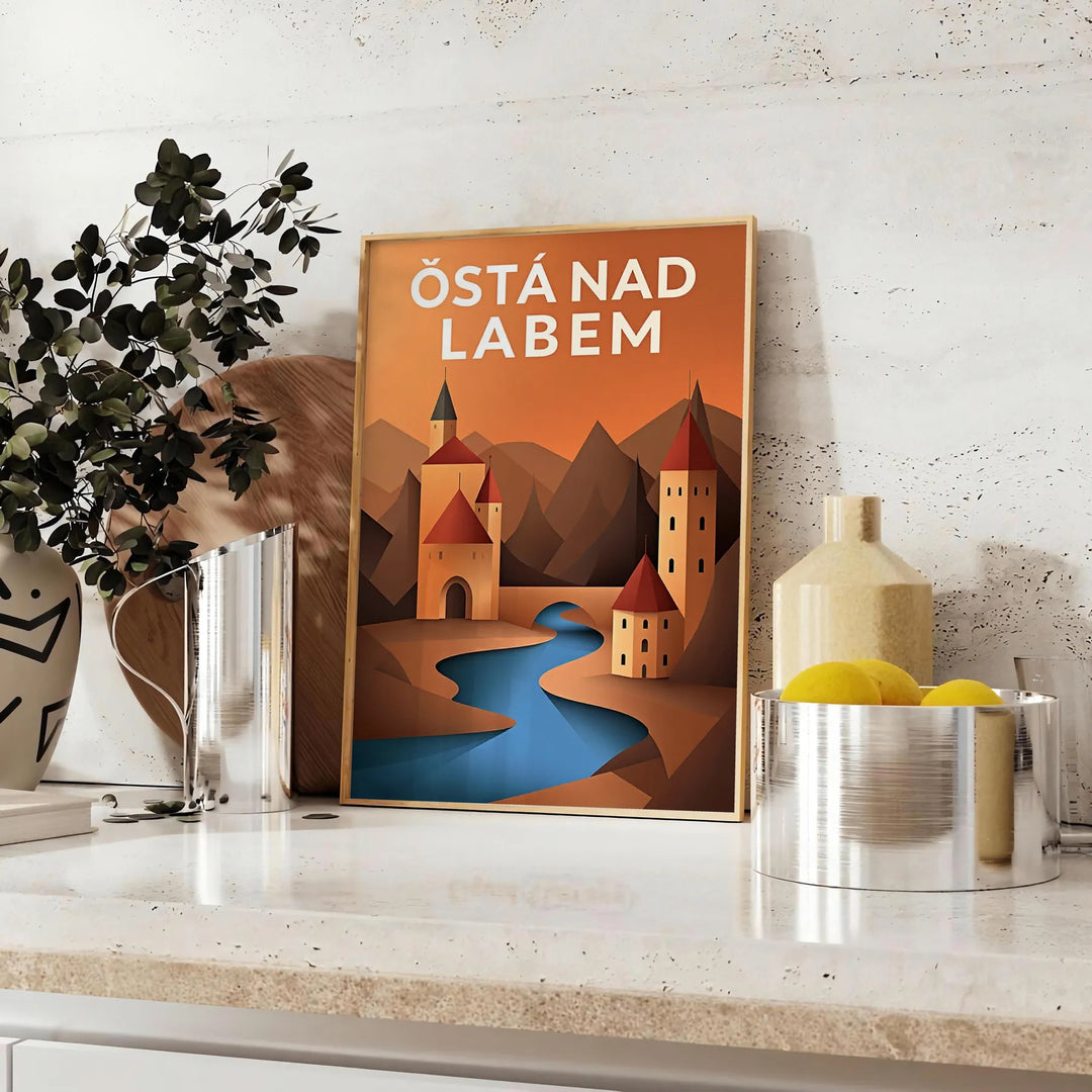 Poster Art Déco vintage di Ústí nad Labem, veduta cittadina in verde e grigio