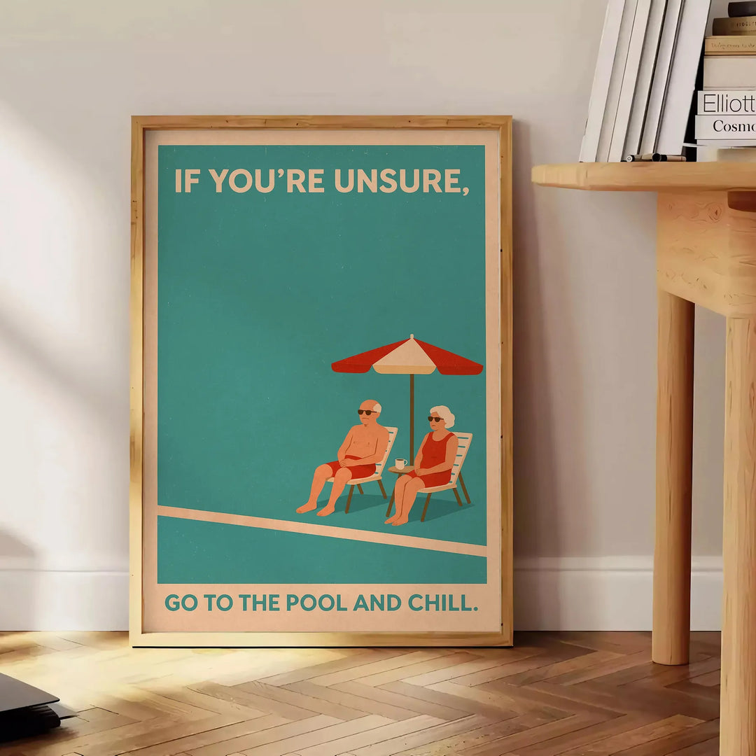 Motivācijas plakāts 'Dodieties uz baseinu un atpūtieties', kas iedvesmo relaksācijai ar krāsainu dizainu un pieejams dažādos