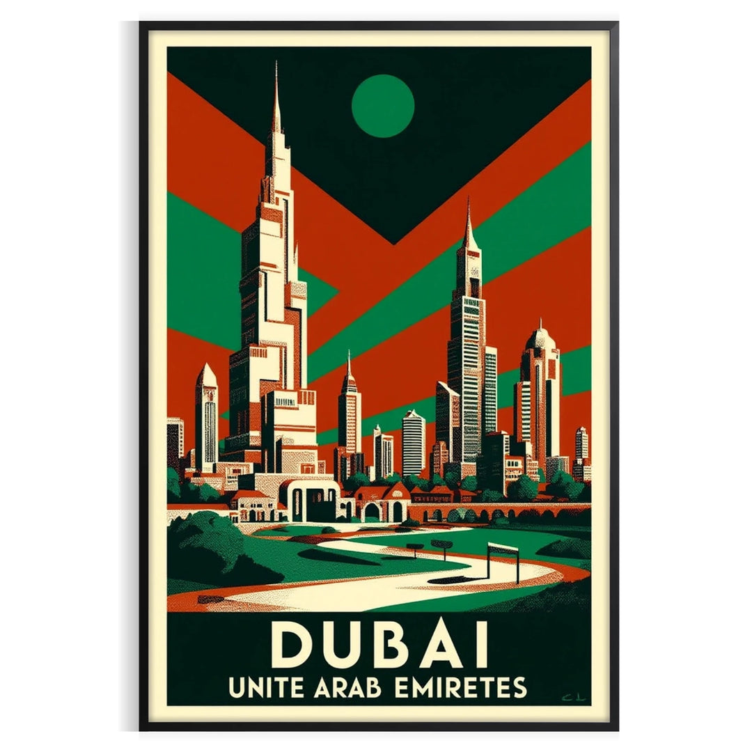 timeless elegance Dubai Vintage Travel Art Deco Poster chic green gray tones space stunning allure United Arab Emirates decor