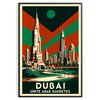 Dubaijas vintage ceļojumu Art Deco plakāts, eleganti zaļā un pelēkā krāsā, 50x70 vai 30x40 izmērā, ideāli piemērots telpu dek